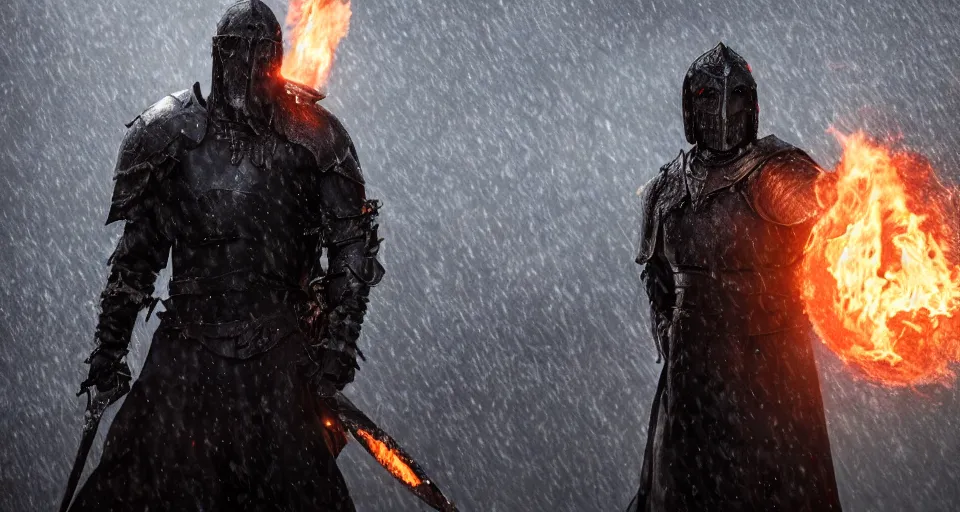 Image similar to The dark paladin with a heated sword in his hand and a burning flame with a sword in the rain. cinematic shot from back, realistic, 4K,