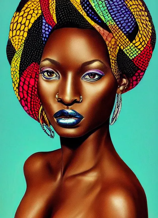 Prompt: beautiful painted portrait of a gorgeous black woman, her skin in the pattern style of e. a. seguy and edouard benedictus, intricate details, extremely colorful, opulent, hyper detailed, surrealism, vibrant and vivid