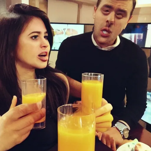 Image similar to “a tv anchor drinking orange juice in front of her shocked cohost”