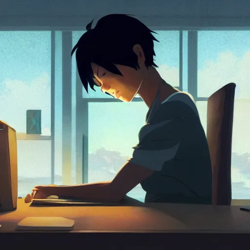 Image similar to beautiful scene render of a person sitting at a desk, looking at monitor, steaming coffee on desk, dimly lit bedroom, perfectly shaded, atmospheric lighting, style of makoto shinkai and peter mohrbacher, studio ghibli. artgerm, karol bak, beeple, animation style, 8 k hd, ultra wide angle, hyper detailed