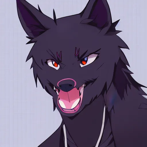 Image similar to key anime visual professional art of a close shot of an anthropomorphic black male wolf anthro furry fursona, wearing a business suit, handsome male eyes, anime office interior, official anime still, anime