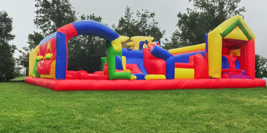 Prompt: a bouncy castle with children inside blowing in the wind during a violent thunderstorm, hyperreal