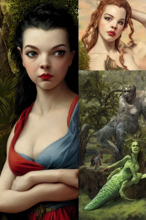 Prompt: A fantasy comic book style portrait painting of Anya Taylor-Joy, hybrid, Diana Dors, as an Atlantean Reptilian Warrior, François Boucher, Oil Painting, Mystical Valkyrie, unreal 5, DAZ, hyperrealistic, octane render, Regal, Refined, Detailed Digital Art, RPG portrait, William-Adolphe Bouguereau, Michael Cheval, Walt Disney (1937), Steampunk, dynamic lighting, Highly Detailed, Cinematic Lighting, Unreal Engine, 8k, HD