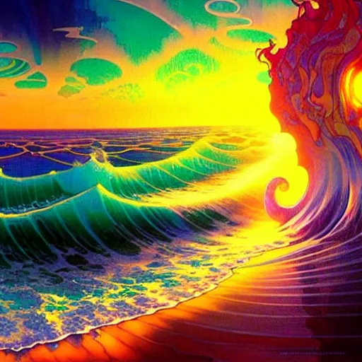 Prompt: ocean wave around giant psychedelic orchid, lsd water, dmt waves, backlit, sunset, refracted lighting, art by collier, albert aublet, krenz cushart, artem demura, alphonse mucha