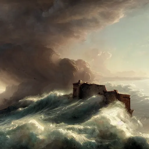 Prompt: Panorama view of a hurricane lifting the ruins of a bastion into a sea of clouds, flying island, oil painting, by Greg Rutkowski