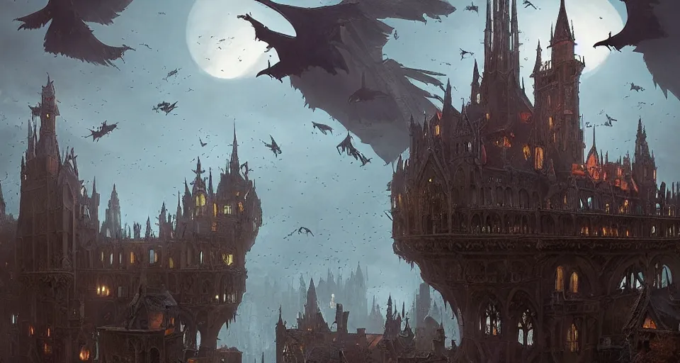 Image similar to floating flying castle with gothic architecture and swarms of tiny black specks, by Greg Rutkowski and Raphael Lacoste and Dan Mumford, detailed, volumetric lighting, swarms of ravens, sorcerous magic, dusk