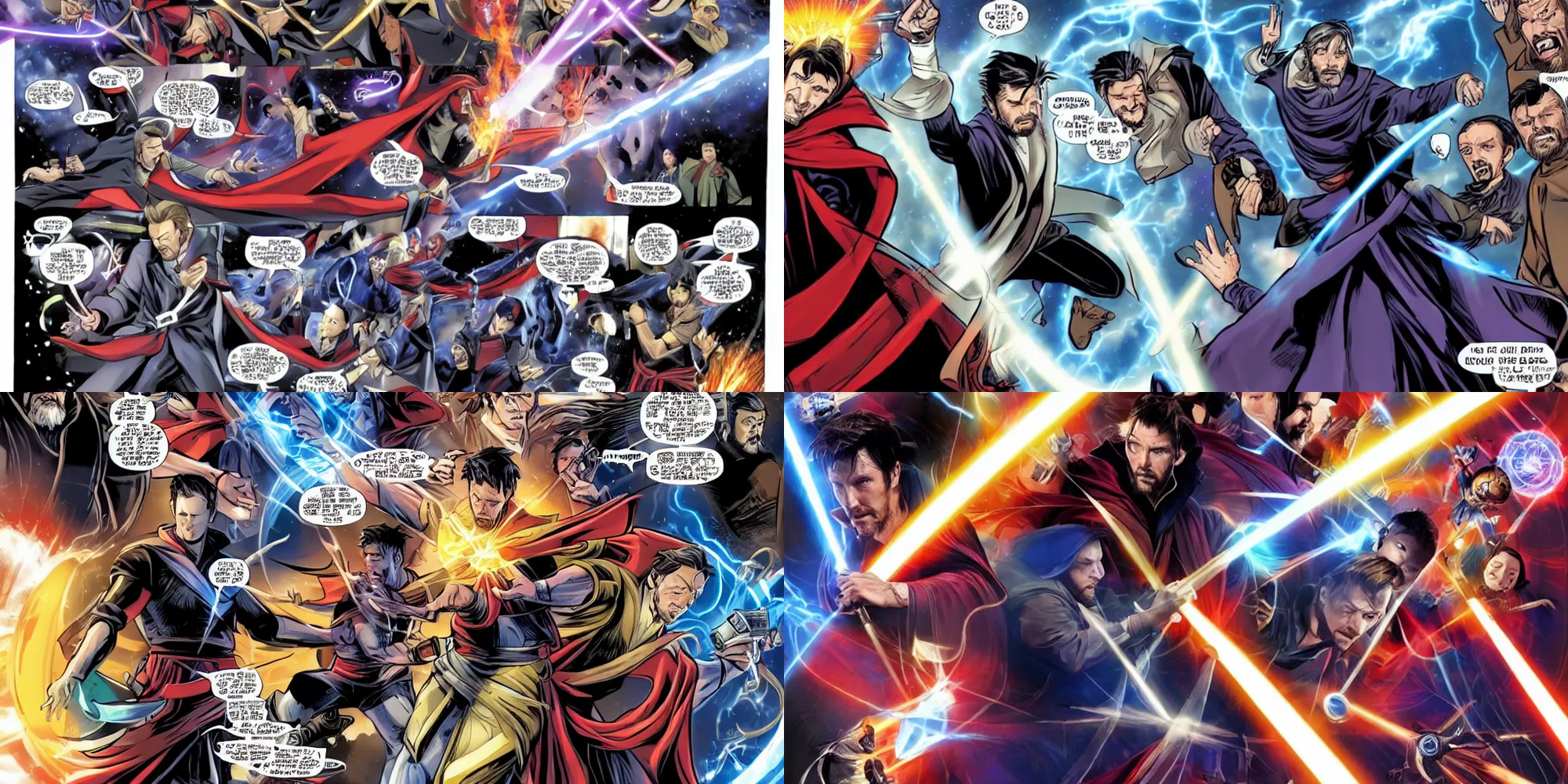 Prompt: neo and obiwan kenobi battle dr strange and sonic for the fate of the universe