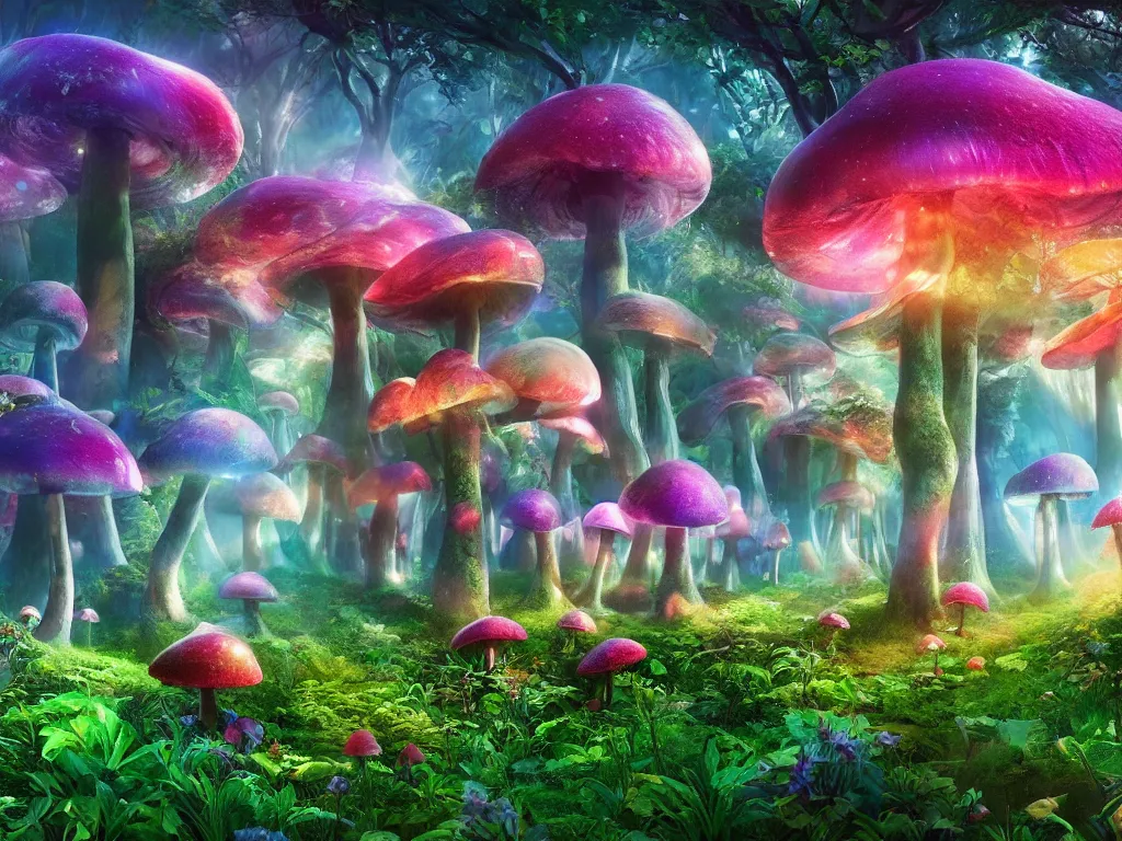 Image similar to a beautiful otherworldly fantasy landscape of giant luminous mushroom trees forming canopies over bright colorful mythical sprouted floral plants on the ground, like alice in wonderland, rendering, cryengine, deep color, vray render, cinema 4 d, cgsociety, bioluminescent