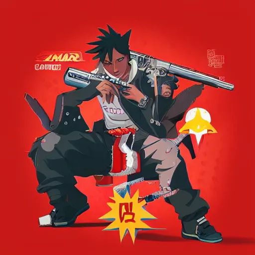 Prompt: Album Art for Playboi Carti in Naruto Universe, Ninja Scrolls, Vector art, Geometric 3d shapes, Gang, Guns, Blood, red smoke, by Sachin Teng, Trending on artstation