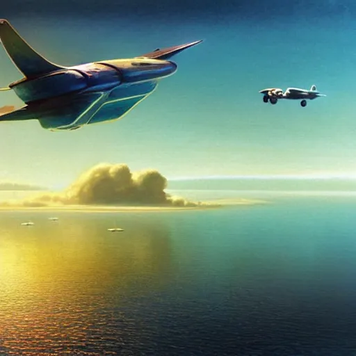 Image similar to beautiful matte painting of golden shores of a blue dreamy ocean, heavenly island in the clouds floating above the ocean, spaceship flying by, sci - fi, daylight, blue sky, cinematic lighting, cinematic perspective, syd mead, john harris, federico pelat