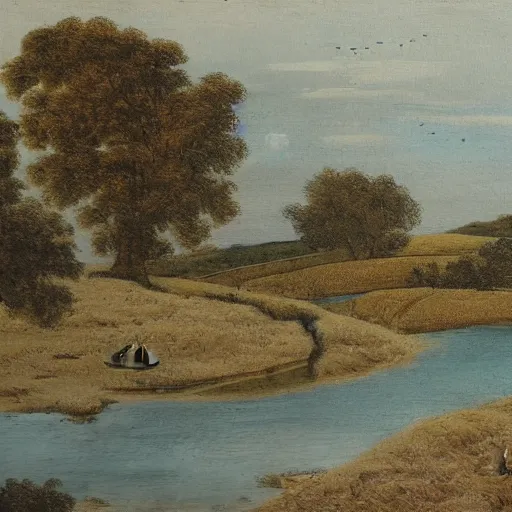 Prompt: landscape, river made of karak, with cows grazing