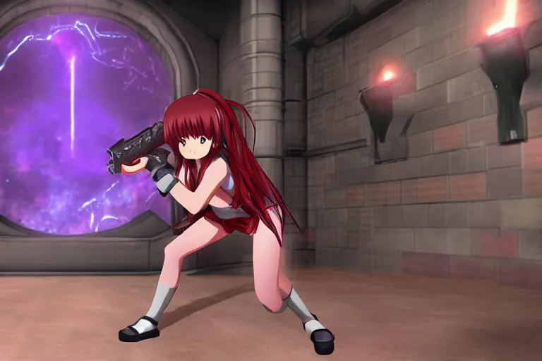 Image similar to an anime girl in a screenshot of the video game doom, the anime girl is crouching