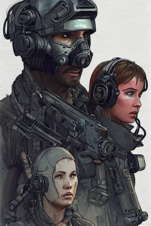 Image similar to Sara the ghost. blackops mercenary in near future tactical gear and cyberpunk headset. Blade Runner 2049. concept art by James Gurney and Mœbius.
