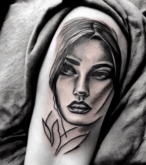 Image similar to amazing blend effect of beautiful mountain scenery with a beautiful woman face, tattoo design sketch, hyper - realistic, in the style of matteo pasqualin, amazing detail, black and white