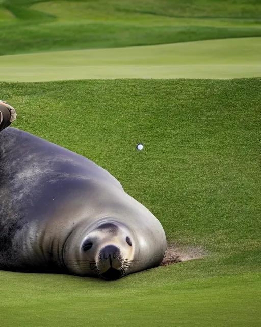 Image similar to A large adult male Elephant seal rearing up, blocking a golfer from the hole on a golf course green, photographed in the style of National Geographic photographer Paul Nicklen, Hyperreal