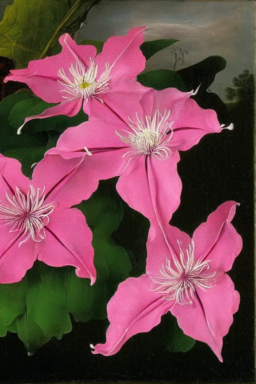 Prompt: thousands of clustered pink dripping clematis liquefying dripping with pink paint by ambrosius bosschaert and salvador dali, oil on canvas