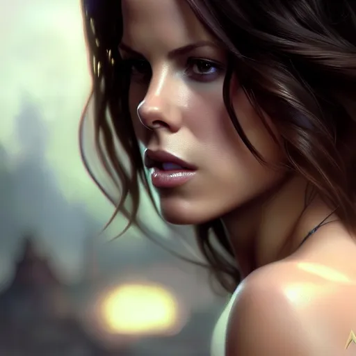 Image similar to beautiful digital painting of young kate beckinsale background with high detail, 8 k, stunning detail, photo by artgerm, greg rutkowski and alphonse mucha, unreal engine 5, 4 k uhd