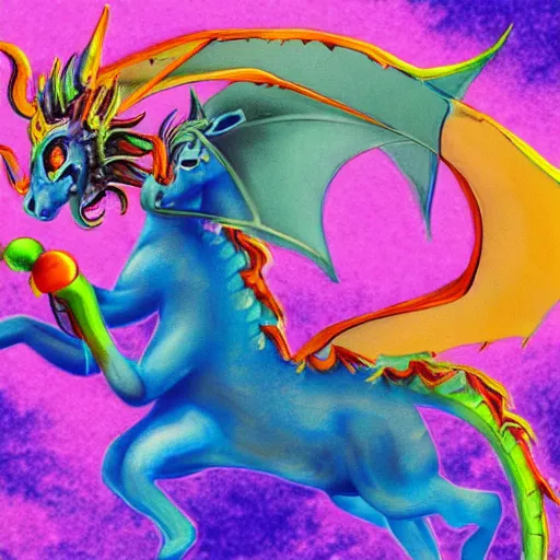 Prompt: A miniature dragon riding a pony, psychedelic background