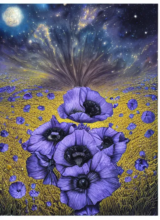 Image similar to detailed, intricate blue black and purple papaverum flower on the field, nebula, galaxy in the sky, winning award masterpiece, fantastically beautiful, illustration, aestheticly inspired, jacek yerka, upscale with anguissola sofonisba work, artstation, 8 k