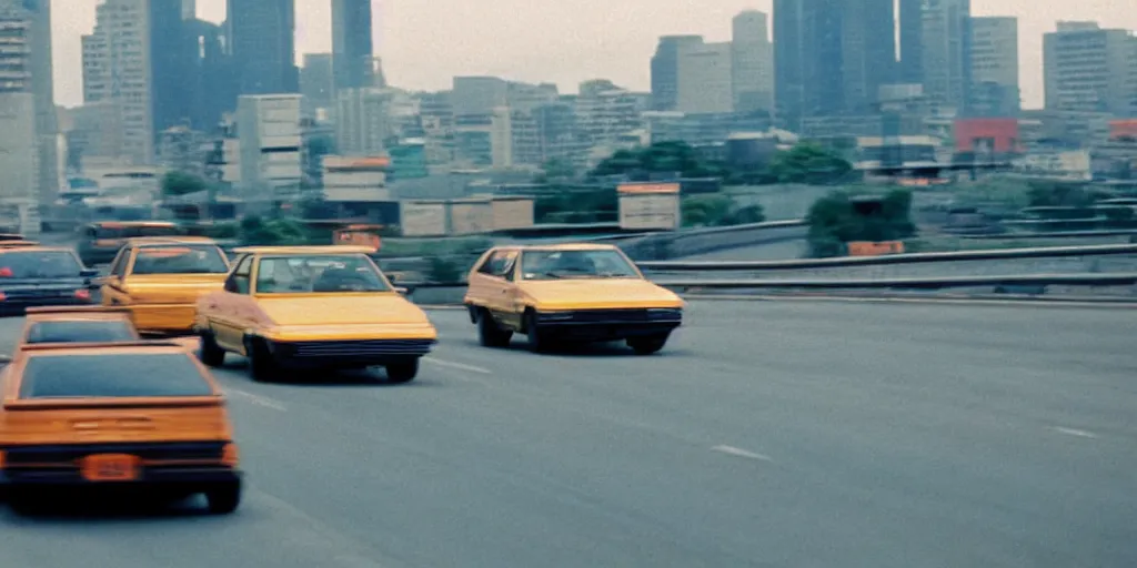 Image similar to 8 0 s neon movie still, high speed car chase on the highway with city in background, medium format color photography, 8 k resolution, movie directed by kar wai wong, hyperrealistic, photorealistic, high definition, highly detailed, tehnicolor, anamorphic lens, award - winning photography, masterpiece