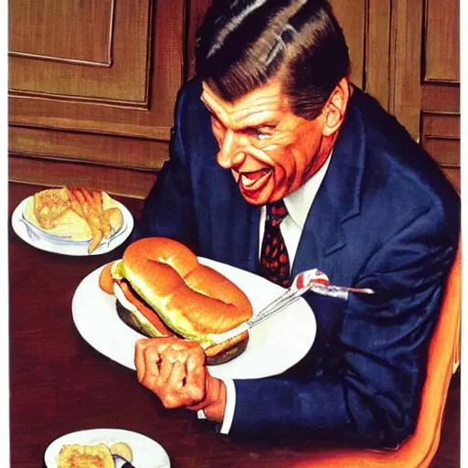 Prompt: vince mcmahon eating a sandwich, painted by norman rockwell