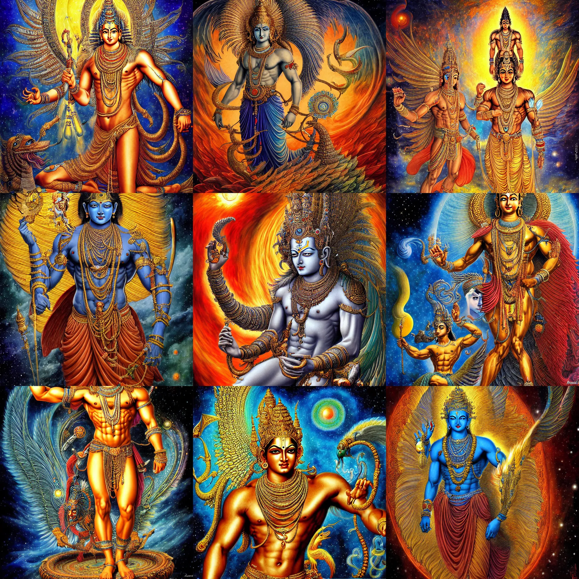 Prompt: ultra detailed stunning digital painting of lord vishnu Karol Bak, Moebius, hiroshi yoshida, Druillet, xsullo, full body picture, bodybuilder, birth of the universe, multiverse, realistic, full HD, high quality, 4k