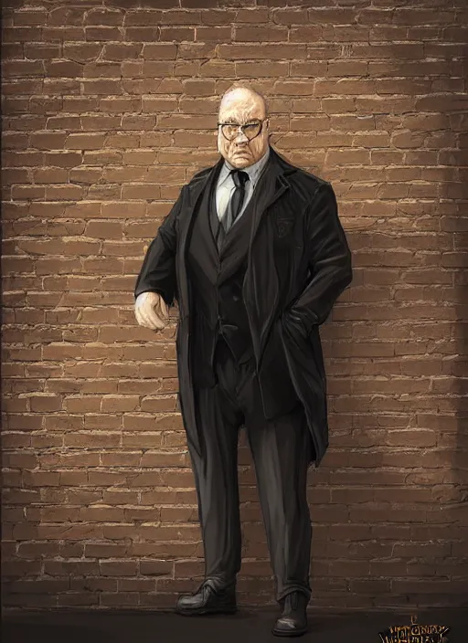 Prompt: a highly detailed illustration of 6 7 year - old clean - shaven chubby chubby chubby white man wearing black detective coat with necktie, heroic pose, brick wall background, intricate, elegant, highly detailed, centered, digital painting, artstation, concept art, smooth, sharp focus, league of legends concept art, wlop.