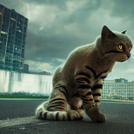 Image similar to giant cat invading detroit, dslr, 8 k, octane beautifully detailed render, detailed lighting, cinematic lighting, detailed photo, masterpiece, volumetric lighting, ultra realistic, highly detailed, high quality, lossless, photorealistic