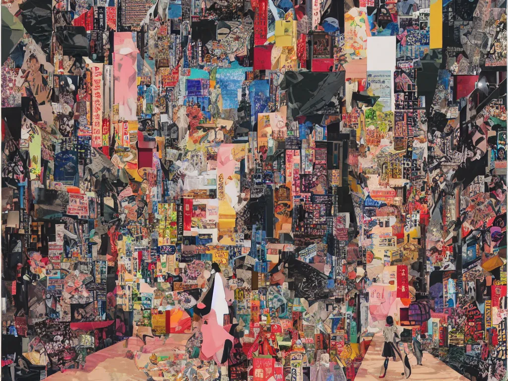 Image similar to maximalist paper collage art of a woman walking through a tokyo shopping district at sunset