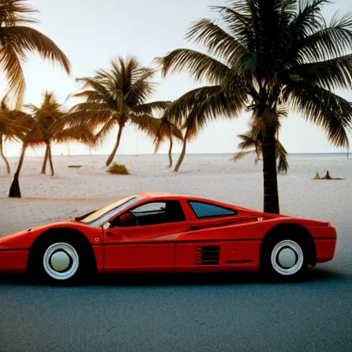 Image similar to a photograph of a stunning blonde woman, sat next day a man with brown hair in a Ferrari Testarossa on a road next to a white sand beach with palm trees