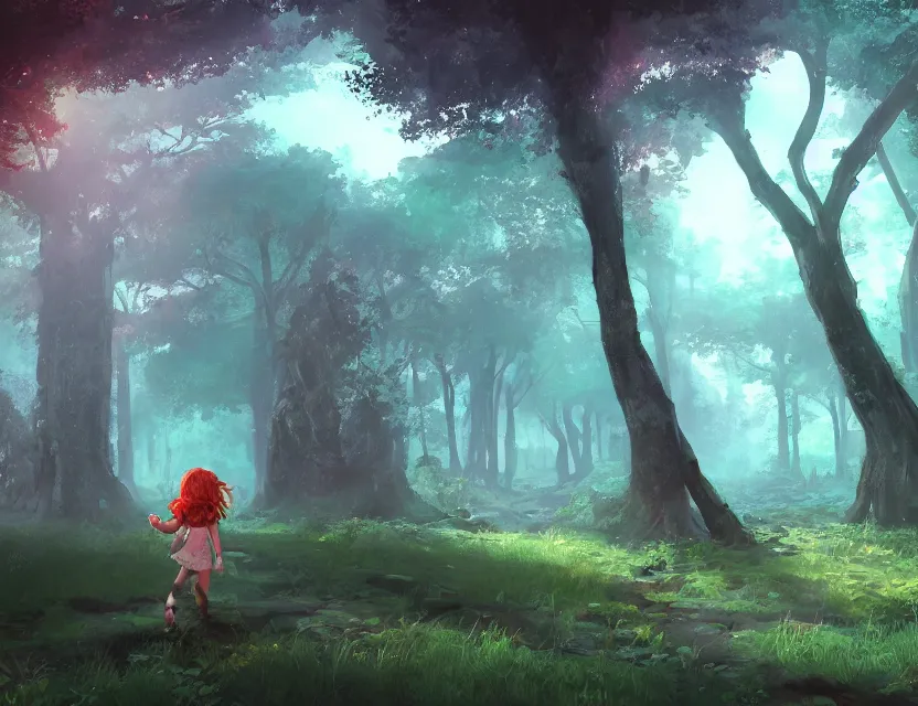 Prompt: little girl walking in an ancient forest, complementary colors, ruins, fantasy art, indie game art, dynamic lighting, artstation, volumetric lighting