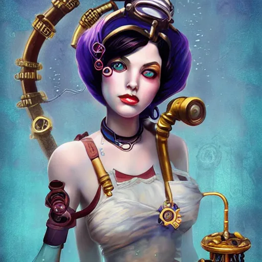 Image similar to lofi underwater bioshock steampunk portrait of Jinx from league of legends, Pixar style, by Tristan Eaton Stanley Artgerm and Tom Bagshaw.