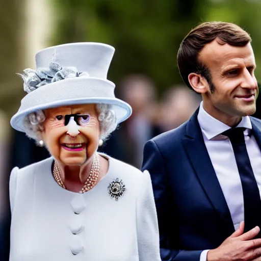 Prompt: Emmanuel Macron dressed as the queen of england, 50mm photography, high quality, 4K