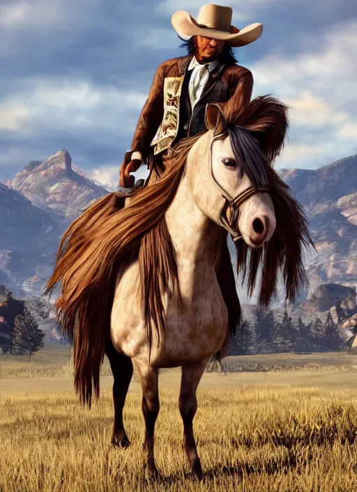 Image similar to a horse dressed as John Marston