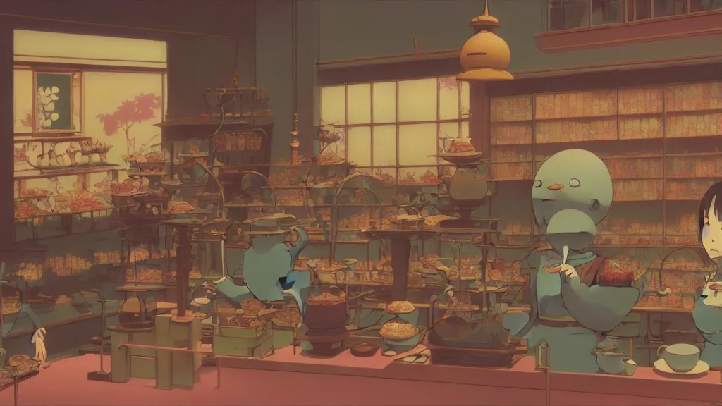 Image similar to an automata working at a tea shop, anime film still from Studio Ghibli movie with art direction by Zdzisław Beksiński, wide lens