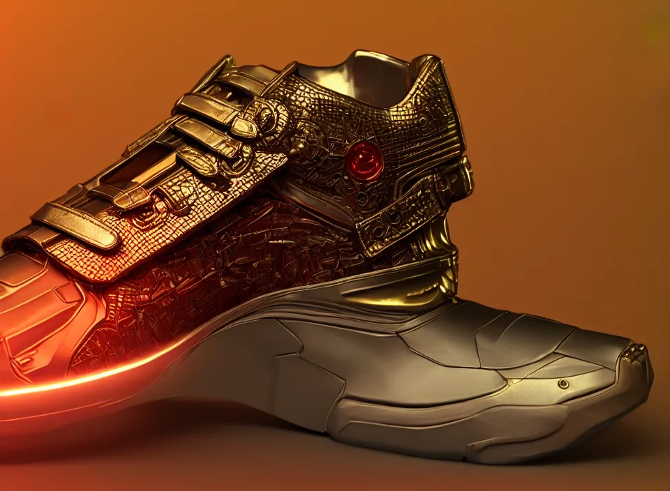 Image similar to realistic 3 d render of a cyberpunk android sneaker, beautiful studio lighting, soft, sharp focus, neon cyberpunk highlights, intricate detail, gold and red metal, soft rubber, textured plastic, octane render, side view, close up, trending on artstation, deviantart, bauhaus