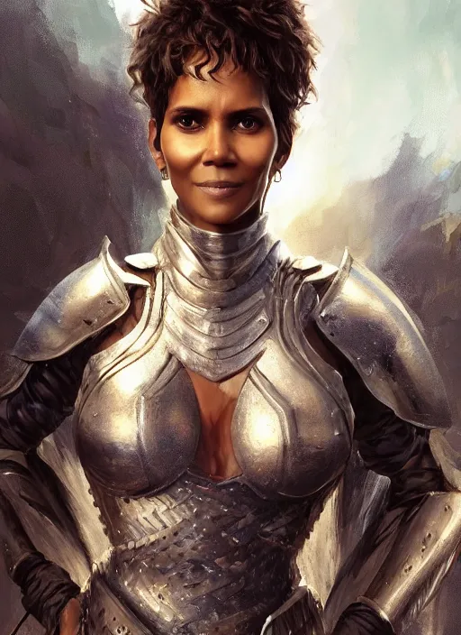 Image similar to portrait of halle berry as a legendary knight warrior, au naturel, hyper detailed, digital art, trending in artstation, cinematic lighting, studio quality, smooth render, unreal engine 5 rendered, octane rendered, art style by klimt and nixeu and ian sprigger and wlop and krenz cushart.