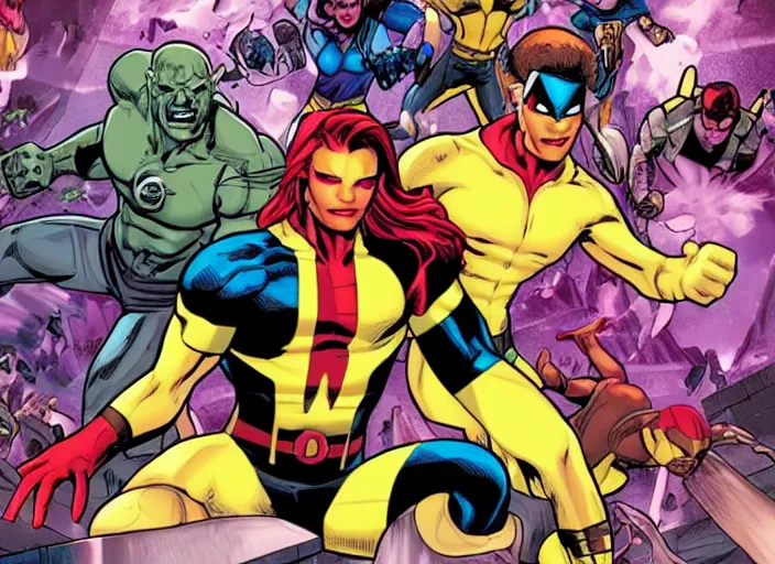 Prompt: a marvel comic illustration showing the X-Men after deciding to be more inclusive and rename themselves the x-them, finally promoting every member to embrace their deeply repressed Gay, lesbian, trans and non binary mutant personas