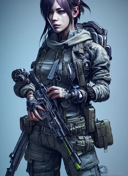 Image similar to the portrait of lawful neutral female cyberpunk marine sniper as absurdly beautiful, gorgeous, elegant, young gravure idol, an ultrafine hyperdetailed illustration by kim jung gi, irakli nadar, intricate linework, bright colors, octopath traveler, final fantasy, unreal engine 5 highly rendered, global illumination, radiant light, detailed and intricate environment