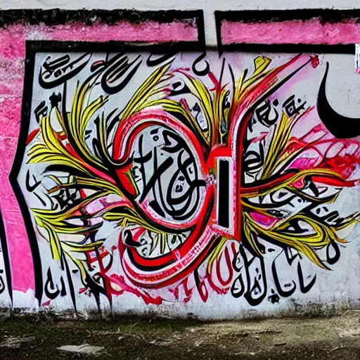 Image similar to arabic calligraphy, transylvanian folk art, in the style of graffiti, made by banksy