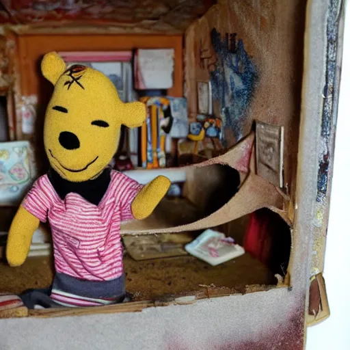 Image similar to Winnie the pooh sock puppet decaying in apocalyptic graffiti dollhouse