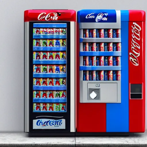 Prompt: a pepsi - style vending machine on a deserted summer street full of cans of coca - cola, cinematic composition, artstation, concept art