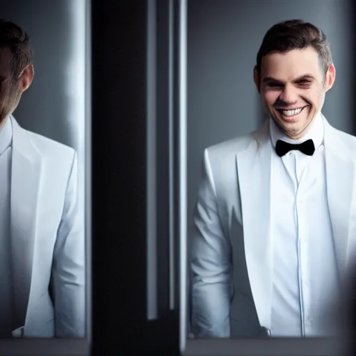 Prompt: smiling man looking into mirror wearing a white suit, reflection looking back frowning in black suit, realistic