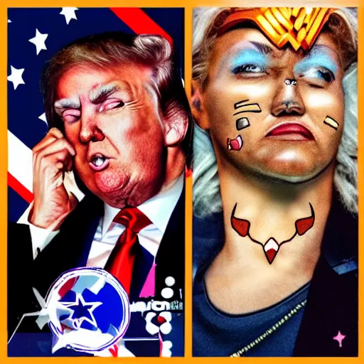 Prompt: donald trump as wonder woman but with facial tattoos like a soundcloud rapper