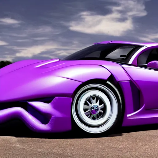 Prompt: a purple sports car shaped like a horshoe crab, ribs, scales, plates, octane engine, hd