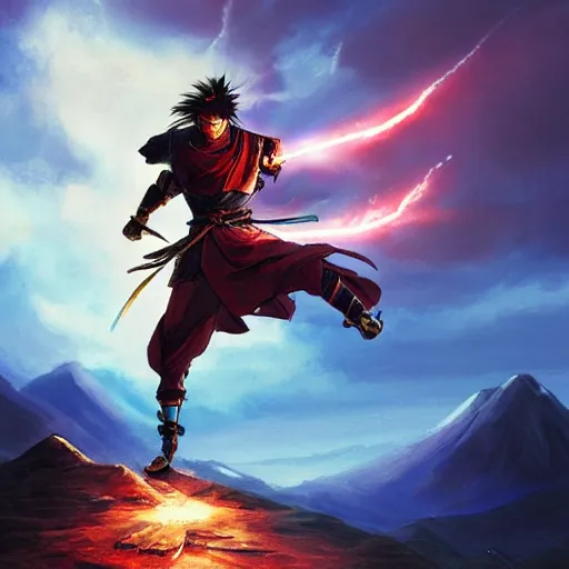 Image similar to UHD Samurai in a cosmic lightning storm on top of a mountain, lighting striking his sword, painted in the style of Greg Rutkowski, Toriyama and Todd McFarlane