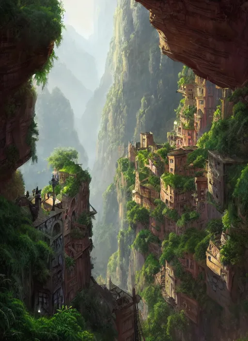 Image similar to medieval city built on terraces in a gigantic canyon, lots of buildings connected by hanging bridges, waterfalls, warm glow coming the ground, lush vegetation, pitchblack sky, extremly detailed digital painting, in the style andreas rocha and greg rutkowski and peter mohrbacher, rim light, beautiful lighting, 8 k, stunning scene, octane, trending on artstation