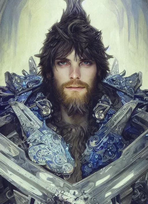 Image similar to A Human Male Paladin, detailed face, glowing white eyes, blue flames surrounding, shaggy hair, scruffy beard, medium armor, wings, fantasy, intricate, elegant, highly detailed, digital painting, artstation, concept art, smooth, sharp focus, illustration, art by Krenz Cushart and Artem Demura and alphonse mucha