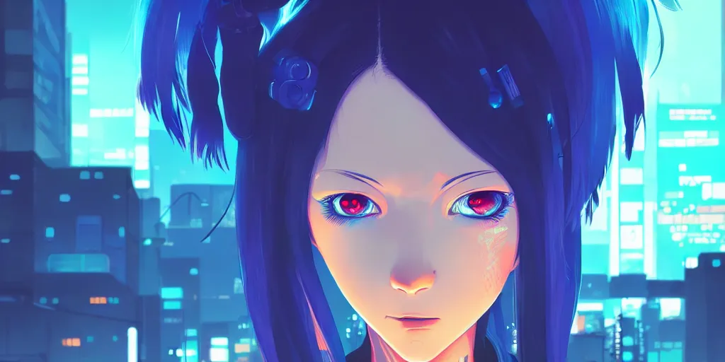 Image similar to digital illustration closeup of cyberpunk pretty girl with blue hair in city street at night by makoto shinkai, ilya kuvshinov, lois van baarle, rossdraws, basquiat