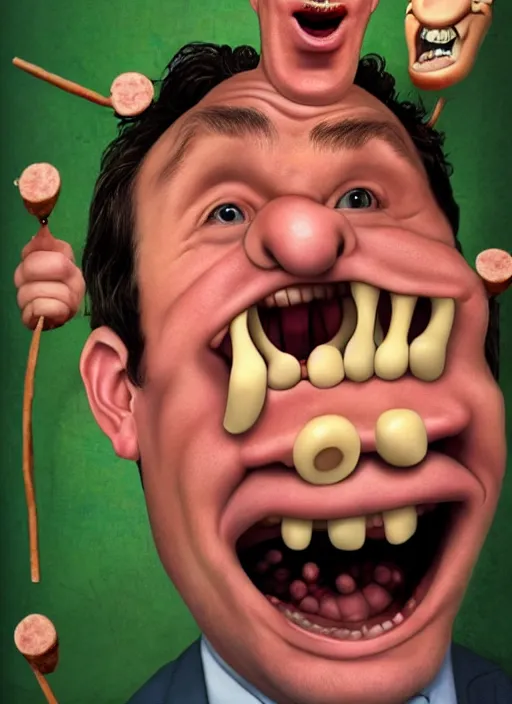 Prompt: hyperrealistic mark ruffalo screaming on a dartboard surrounded by big fat frankfurter sausages with a trippy surrealist mark ruffalo screaming portrait by aardman animation and norman rockwell